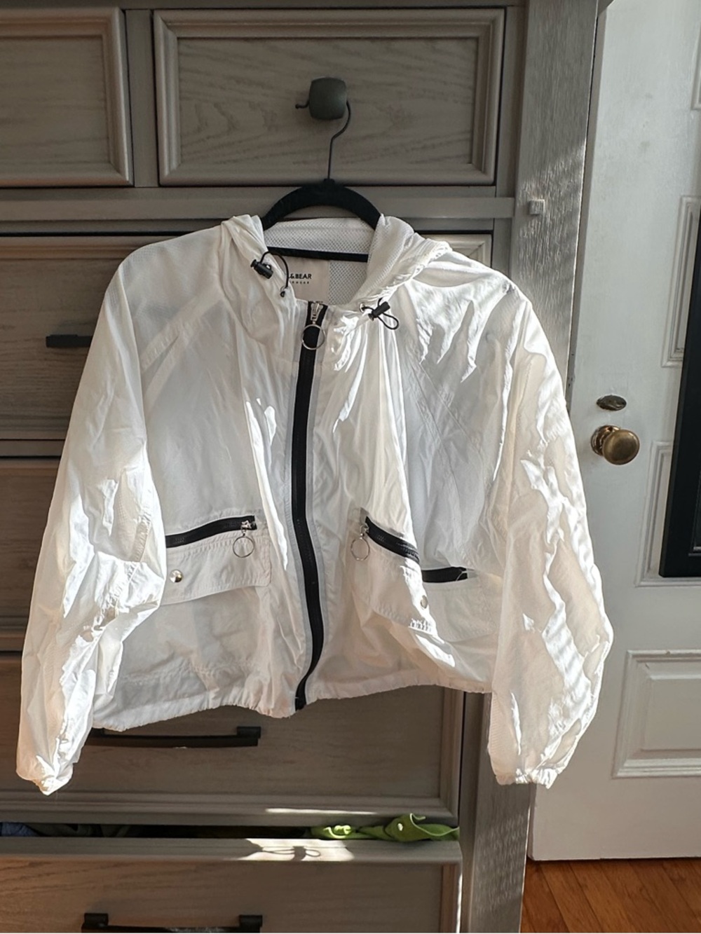 Pull&Bear White Hooded Windbreaker with Black Trim